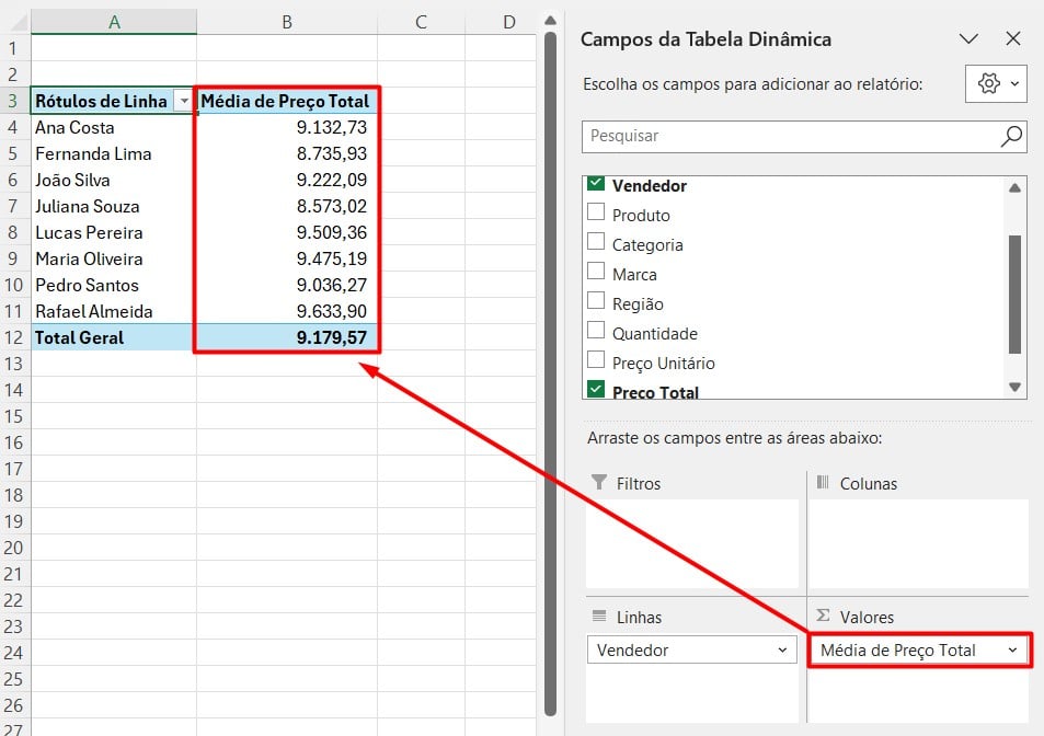 Calculando Média na Tabela Dinâmica do Excel