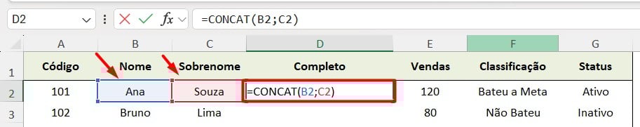 Função CONCAT no Excel