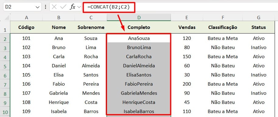 Função CONCAT no Excel