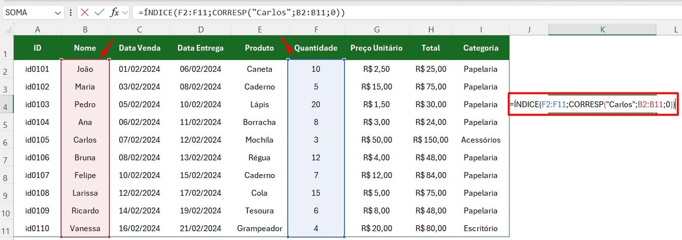 Funções ÍNDICE e CORRESP no Excel