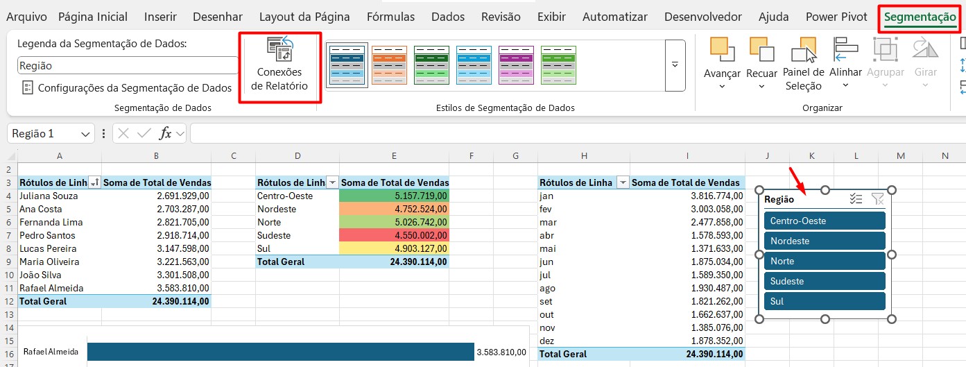 Ajustando a Conexão de Relatórios da Segmentação de Dados no Excel