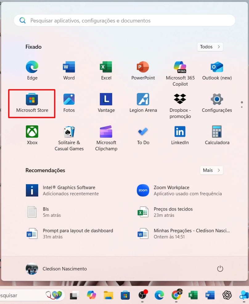 Acessando o Microsoft Store no Computador