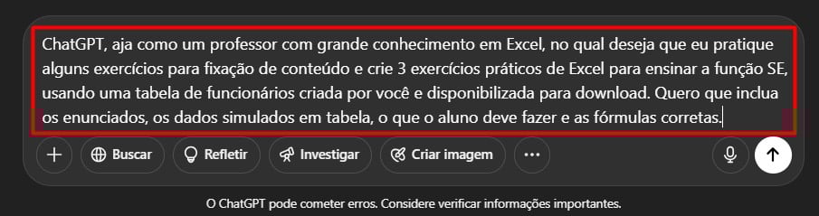 Enviando Prompt ao ChatGPT para Gerar Exercícios no Excel