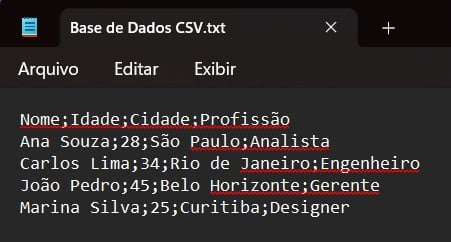 Exemplo de Arquivo em CSV com Registro de Colaboradores