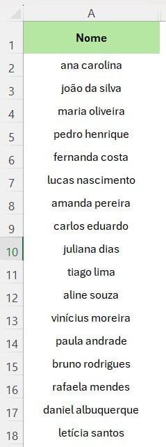 Lista de Nomes em Minúsculo no Excel