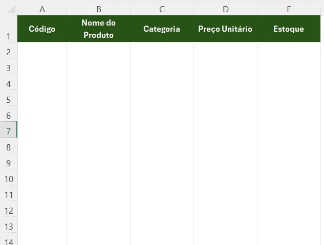 Modelo de Tabela para Cadastro de Produtos em Estoque no Excel