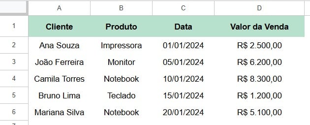 Registro de Vendas no Google Sheets