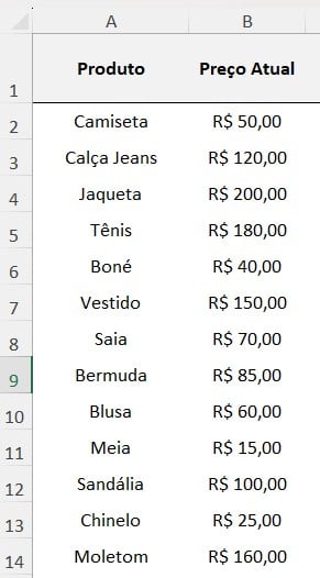 Tabela de Produtos com Preço no Excel