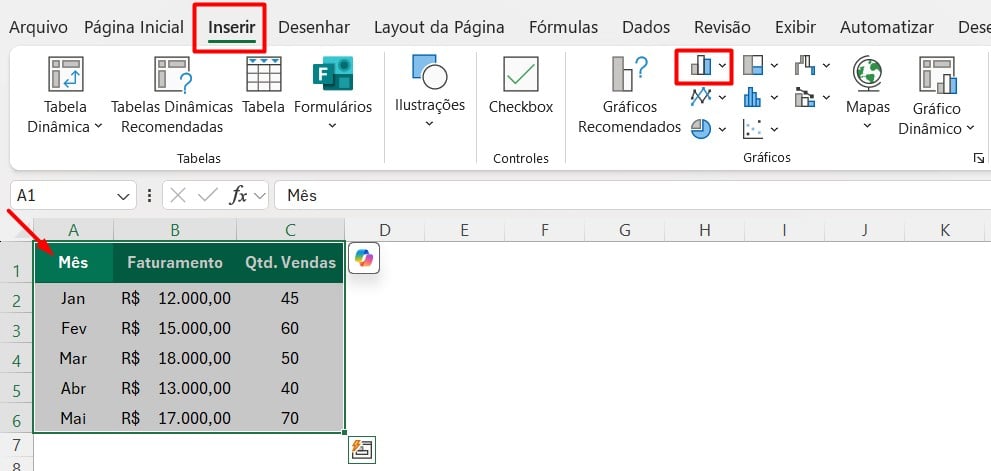 Criando Gráfico de Colunas no Excel