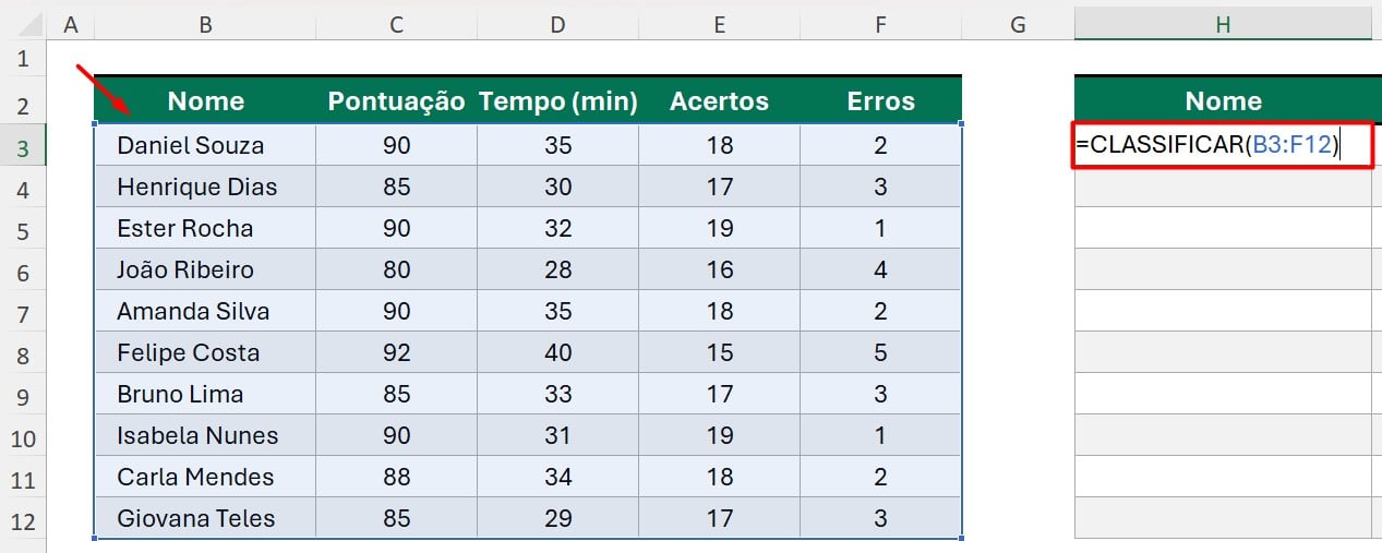 Função CLASSIFICAR no Excel
