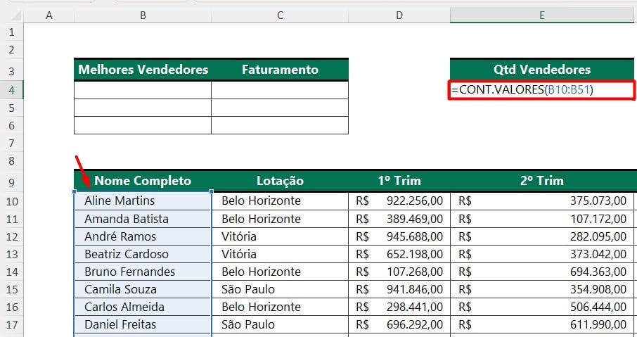 Função CONT.VALORES no Excel