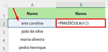 Função MAIÚSCULA no Excel