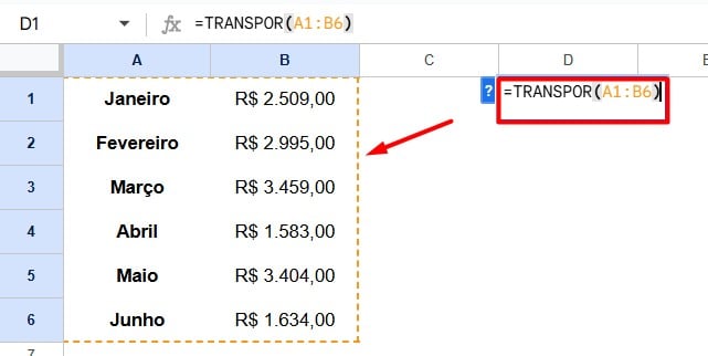Função TRANSPOR no Google Sheets