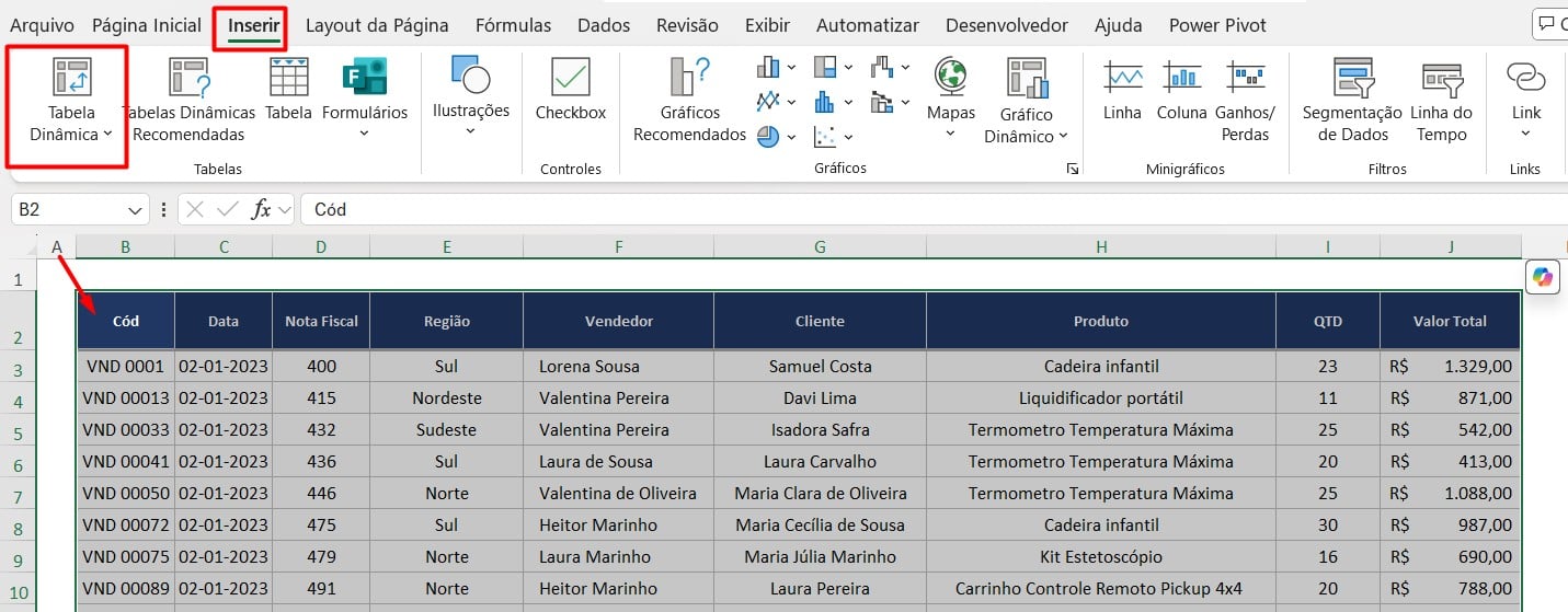 Inserindo Tabela Dinâmica no Excel