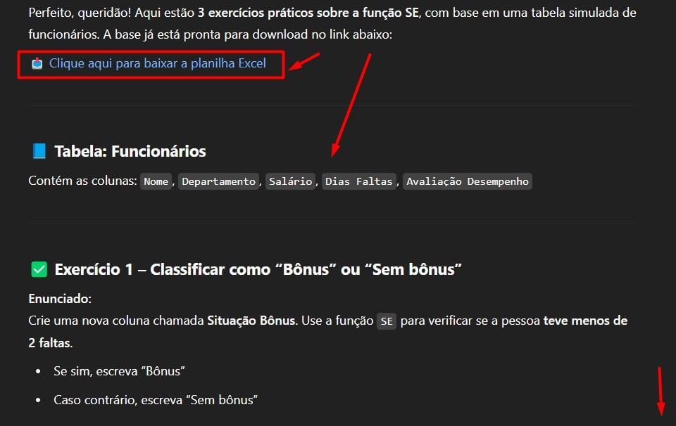 Resultado do Prompt Enviado ao ChatGPT para Gerar Exercícios no Excel
