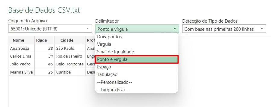 Definindo Delimitador no Arquivo CSV no Excel