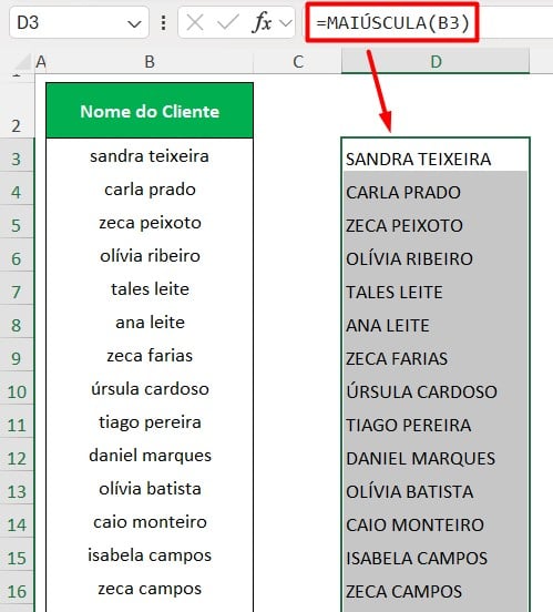 Função MAIÚSCULA no Excel