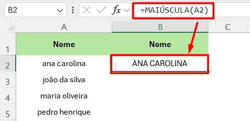 Função MAIÚSCULA no Excel