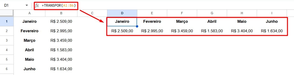 Função TRANSPOR no Google Sheets