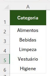Lista de Categorias no Excel