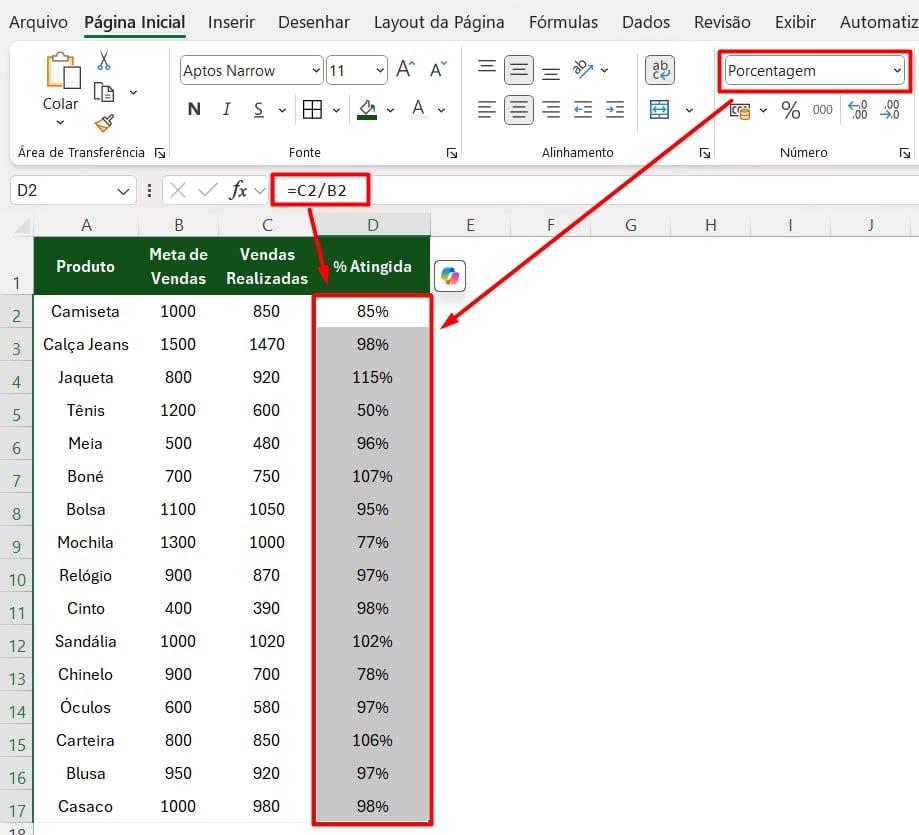 Resultado do Cálculo de Porcentagem no Excel