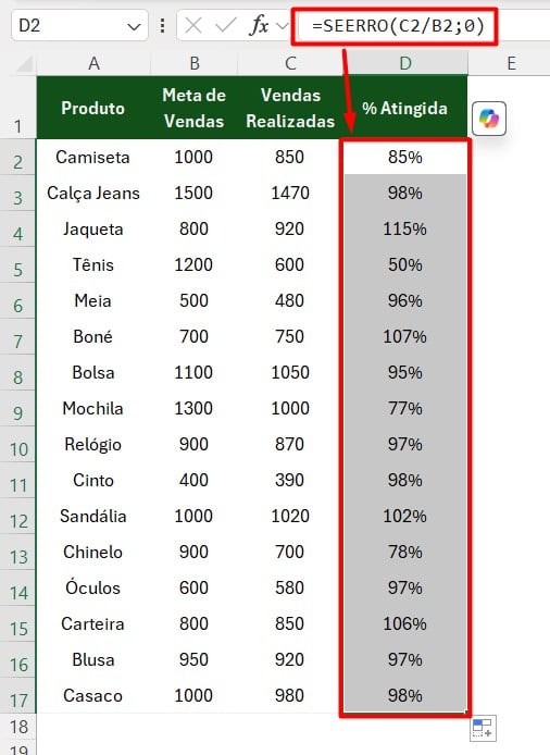 Aplicando SEERRO no Excel
