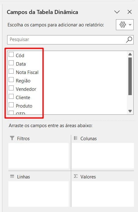 Campos da Tabela Dinâmica no Excel