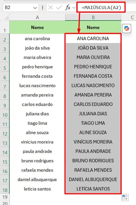 Função MAIÚSCULA no Excel