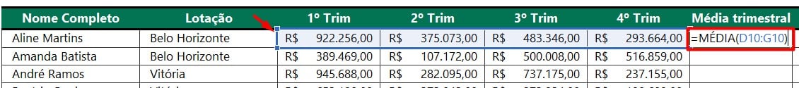 Função MÉDIA no Excel
