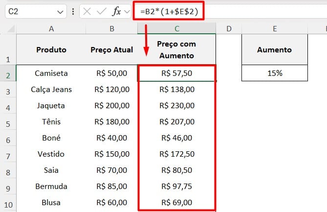 Resultado dos Valores com Célula Fixa no Excel