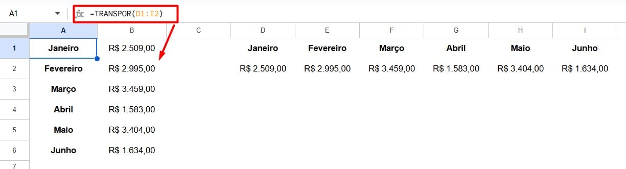 Função TRANSPOR no Google Sheets