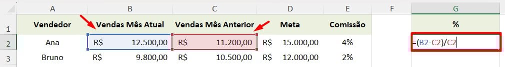 Calculando Aumento ou Redução Percentual no Excel