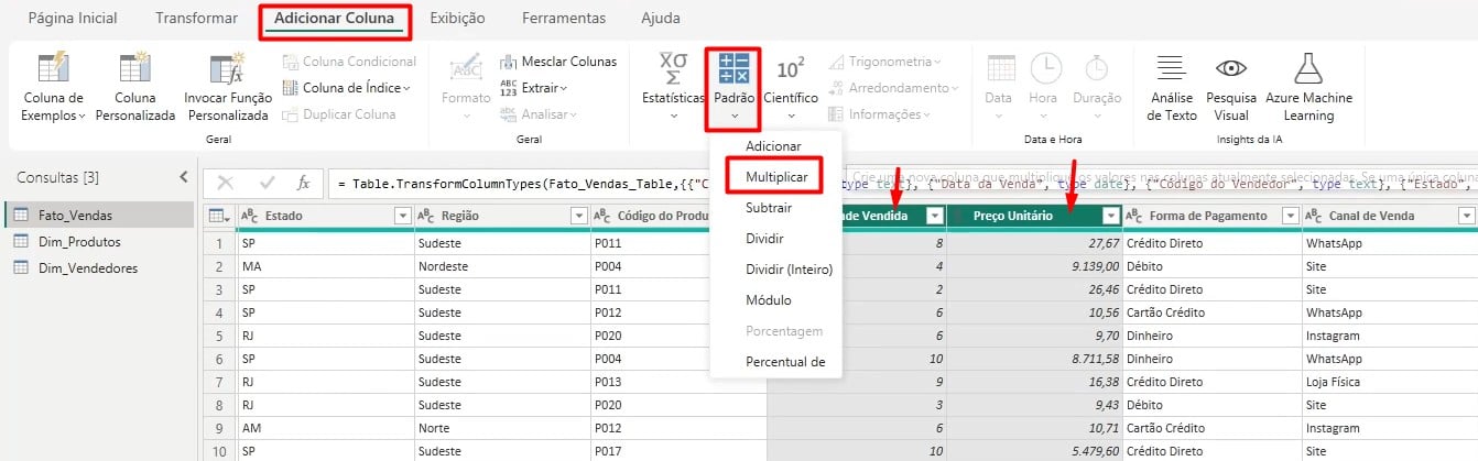 Incluindo Colunas de Multiplicação no Power Query