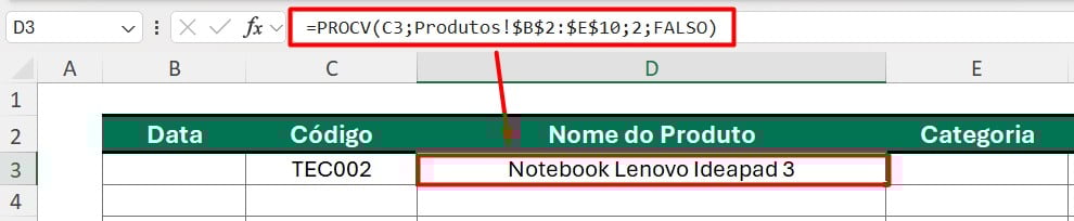 Resultado do PROCV no Excel