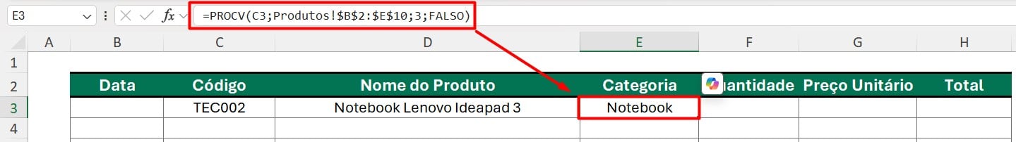 Resultado do PROCV no Excel