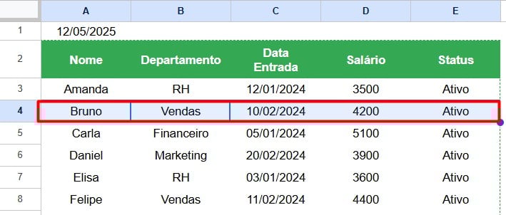 Atalho para Selecionar Toda Linha no Google Sheets