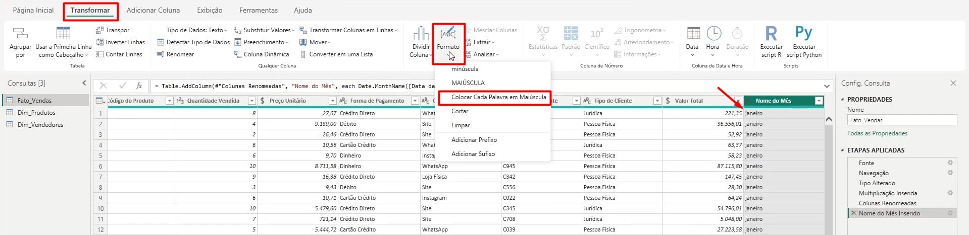 Editando Coluna de Nome do Mês no Power Query
