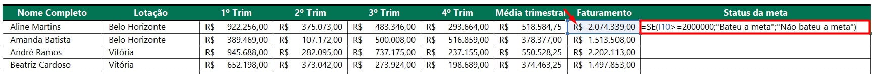 Função SE no Excel
