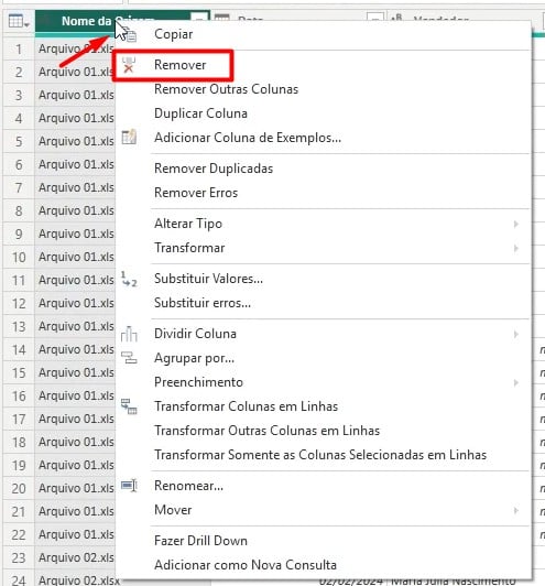 Removendo Coluna no Power Query