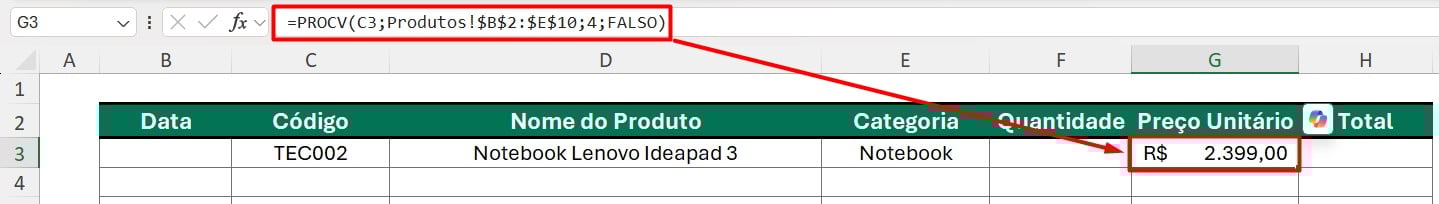 Resultado do PROCV no Excel