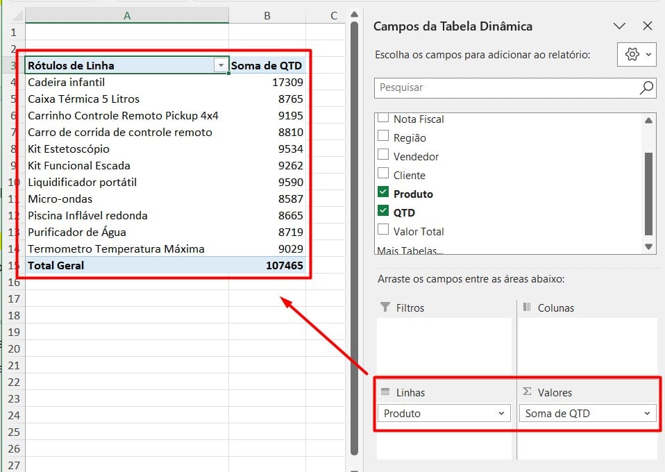 Resumo da Quantidade de Produtos Vendidos no Excel