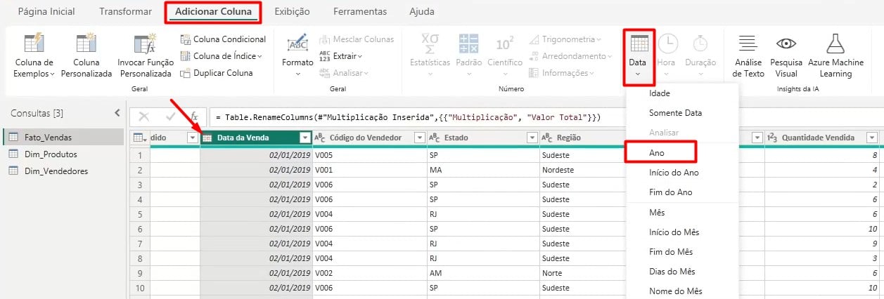 Incluindo Coluna com o Ano no Power Query