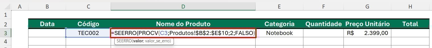 Incluindo a Função SEERRO no PROCV no Excel