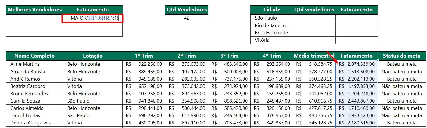 Função MAIOR no Excel