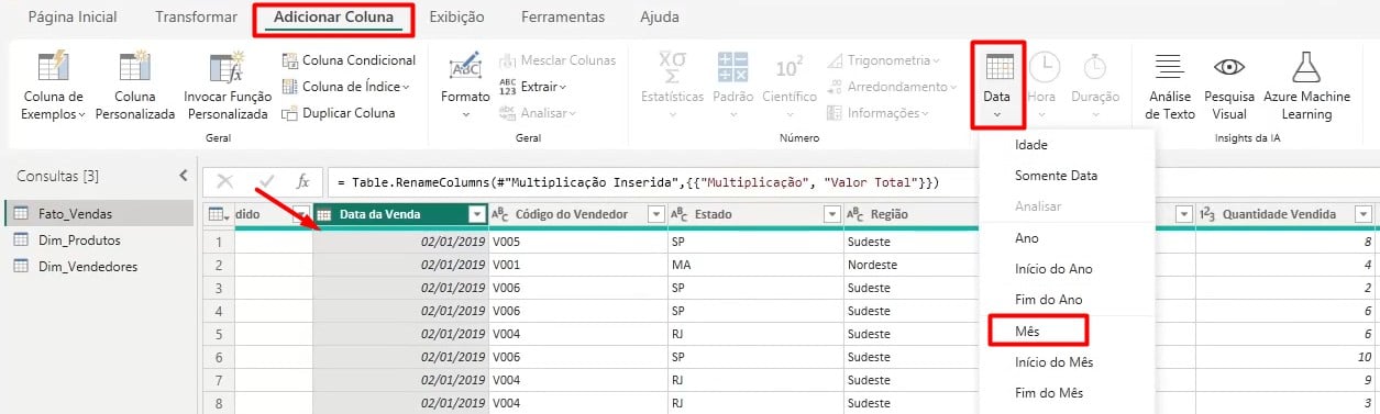 Incluindo Coluna com o Mês no Power Query