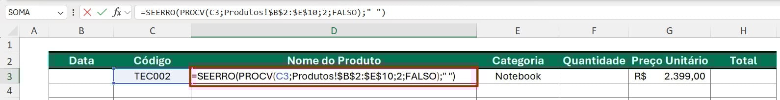 Incluindo a Função SEERRO no PROCV no Excel