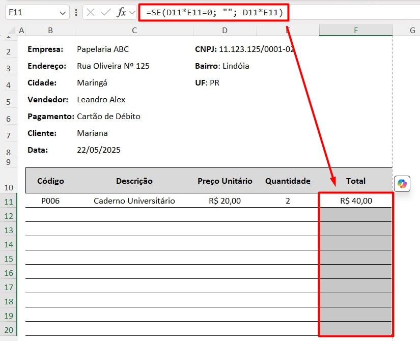 Resultado da Função SE no Excel