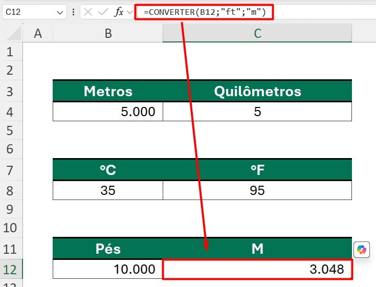 Conversão de Pés para Metros no Excel