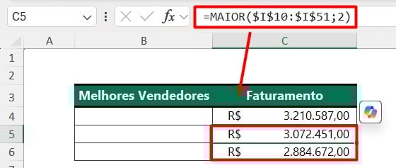 Função MAIOR no Excel