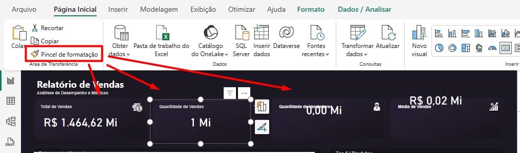 Aplicando Pincel de Formatação nos Cartões do Power BI